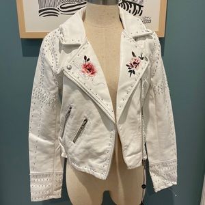 BlankNYC Stud Floral Moto Faux Leather Jacket White Size Small